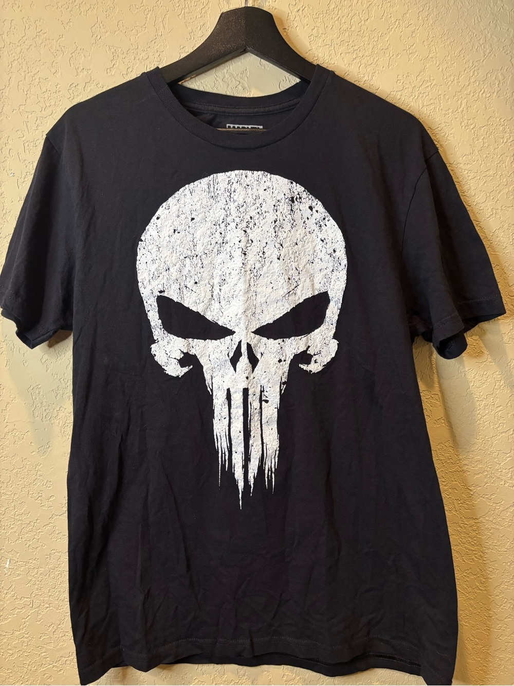 Marvel Men’s Black Tee with White Punisher Skull Graphic